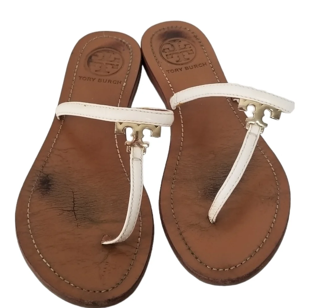 Tory Burch White Half Moon T Logo Leather Thong Flat Sandals Size 6